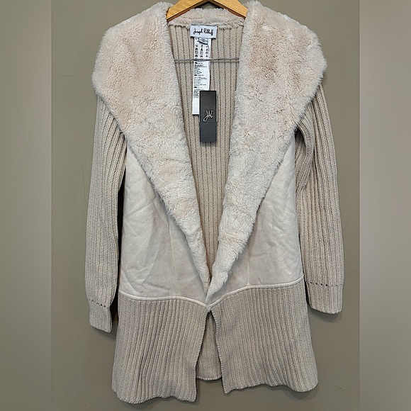 JOSEPH RIBKOFF NWT Open Knit Cardigan, Faux Fur Collar, Suede-Like - Picture 1 of 12